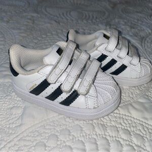 Adidas superstar toddler navy blue stripe shell toe Velcro shoes